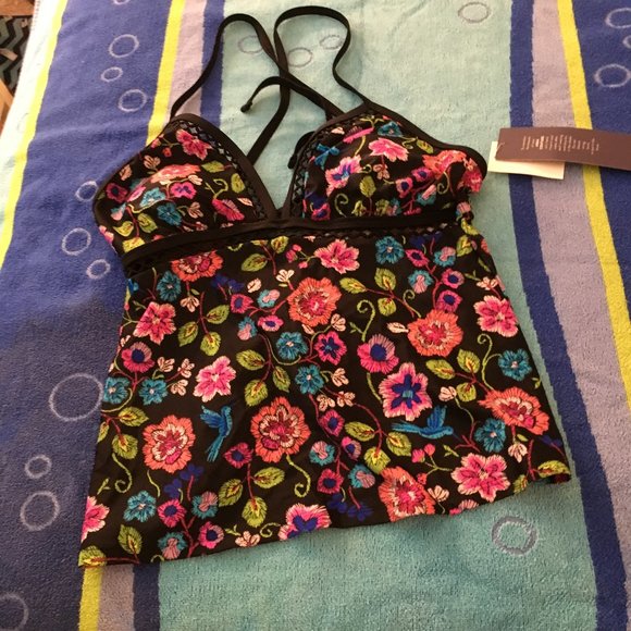 🌞 NWT Black Floral Tankini w/Open Weave Trim - Picture 4 of 8